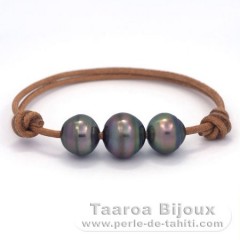 Bracelet en Cuir et 3 Perles de Tahiti Cerclées C  12 à 13.2 mm