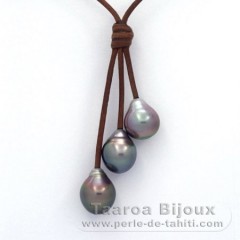 Collier en Cuir et 3 Perles de Tahiti Semi-Baroques B  10.1 à 10.3 mm