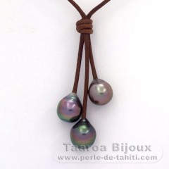 Collier en Cuir et 3 Perles de Tahiti Semi-Baroques B  9.7 à 10.2 mm