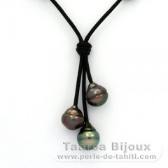 Collier en Cuir et 3 Perles de Tahiti Cercles B 10.1  10.3 mm