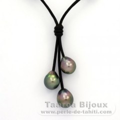 Collier en Cuir et 3 Perles de Tahiti Semi-Baroques B  9 à 9.3 mm