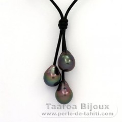 Collier en Cuir et 3 Perles de Tahiti Semi-Baroques B  9.7 à 9.9 mm