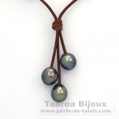 Collier en Cuir et 3 Perles de Tahiti Semi-Baroques C  9.7 à 9.8 mm