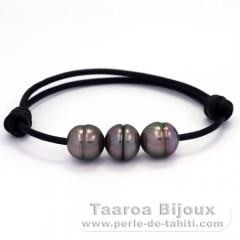 Bracelet en Cuir et 3 Perles de Tahiti Cerclées B 10.5 mm