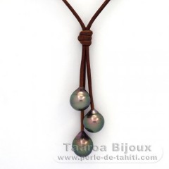 Collier en Cuir et 3 Perles de Tahiti Semi-Baroques B  9.5  9.9 mm