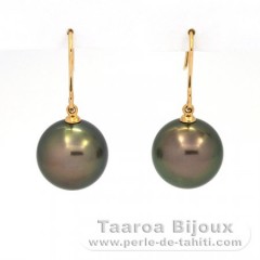 Boucles d'Oreilles en Or 18K et 2 Perles de Tahiti Rondes B/C 13.2 et 13.3 mm