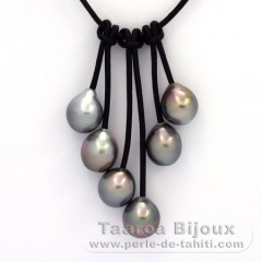Collier en Cuir et 6 Perles de Tahiti Semi-Baroques B  9.5 à 9.9 mm