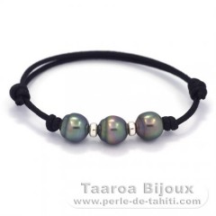 Bracelet en Coton Wax et 3 Perles de Tahiti Semi-Baroques B  8.6  8.7 mm