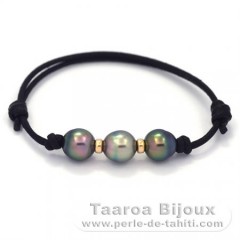 Bracelet en Coton Waxé et 3 Perles de Tahiti Semi-Baroques B 8.8 mm