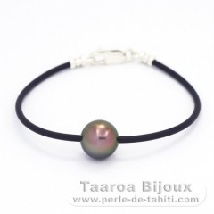 Bracelet en Caoutchouc, Argent et 1 Perle de Tahiti Ronde C 10.5 mm