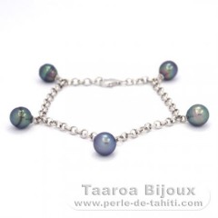 Bracelet en Argent et 5 Perles de Tahiti Cerclées B+  7.8 à 8.4 mm