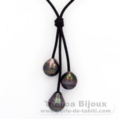Collier en Cuir et 3 Perles de Tahiti Cercles C  10.4  10.6 mm