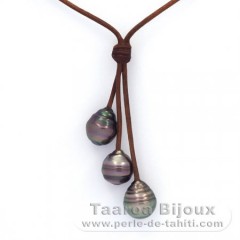 Collier en Cuir et 3 Perles de Tahiti Cercles C  10.2  10.7 mm