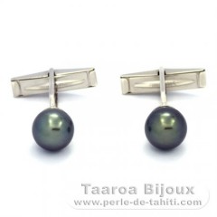 Boutons de manchettes en Argent et 2 Perles de Tahiti Semi-Rondes C 9.3 mm