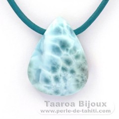 Collier en Cuir, Argent et 1 Larimar - 30 x 23 x 9 mm - 11.2 gr