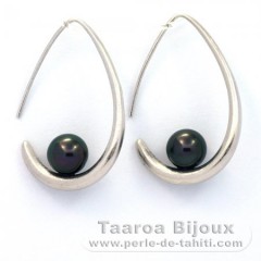 Boucles d'Oreilles en Argent et 2 Perles de Tahiti Rondes C 8 mm