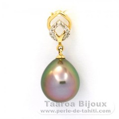 Pendentif en Or 14K + 11 Diamants 0.04 carats VS1 et 1 Perle de Tahiti Semi-Baroque B 9.6 mm