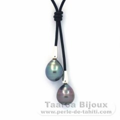 Collier en Cuir et 2 Perles de Tahiti Cerclées C 10.8 et 11 mm
