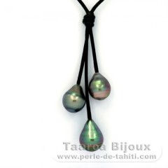 Collier en Cuir et 3 Perles de Tahiti Cerclées C  10 à 10.9 mm