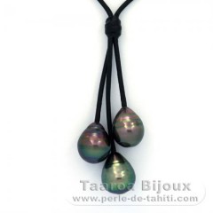 Collier en Cuir et 3 Perles de Tahiti Cercles C 10  10.7 mm