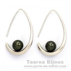 Boucles d'Oreilles en Argent et 2 Perles de Tahiti Rondes C 8 mm