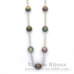 Collier en Argent et 15 Perles de Tahiti Cerclées, Semi-Baroques B et C 9.1 à 9.9 mm