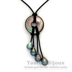 Collier en Cuir et 4 Perles de Tahiti Cerclées B+ 8.2 à 8.9 mm