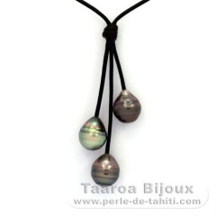 Collier en Cuir et 3 Perles de Tahiti Cerclées C 10.7 mm