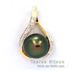 Pendentif en Or 14k + 6 diamants 0.04 carats VS1 et 1 Perle de Tahiti Ronde B+ 9.3 mm