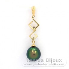 Pendentif en Or 14K + 2 Diamants 0.02 carats VS1 et 1 Perle de Tahiti Semi-Baroque B+ 9.8 mm