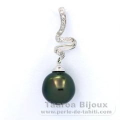 Pendentif en Or blanc 14K + 13 Diamants et 1 Perle de Tahiti Semi-Baroque B 11.8 mm