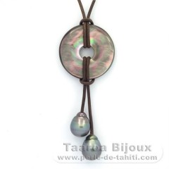 Collier en Cuir et 2 Perles de Tahiti Cerclées C  10.8 et 10.9 mm