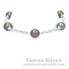 Bracelet en Argent et 5 Perles de Tahiti Rondes C 9 à 9.1 mm