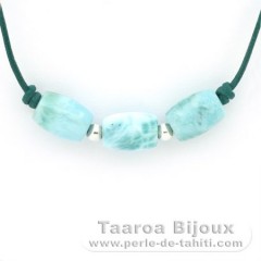 Collier en Cuir, Argent et 3 Larimar - 12 x 8.6 mm - 4.3 gr