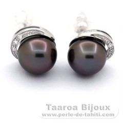 Boucles d'Oreilles en Argent et 2 Perles de Tahiti Rondes C 8.9 mm