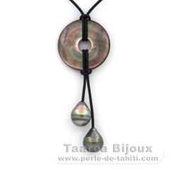 Collier en Cuir et 2 Perles de Tahiti Cerclées C 11.7 mm