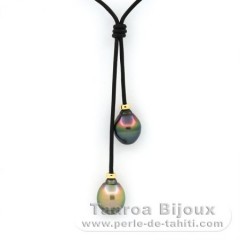 Collier en Cuir et 2 Perles de Tahiti Cerclées B 10.8 mm