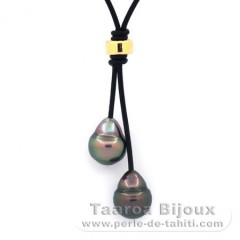 Collier en Cuir et 2 Perles de Tahiti Cerclées B 11.5 mm