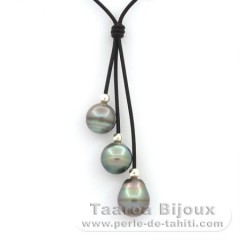 Collier en Cuir et 3 Perles de Tahiti Cerclées B/C 12 à 12.5 mm