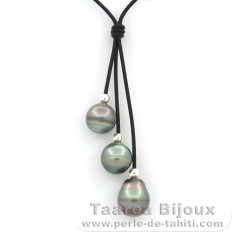 Collier en Cuir et 3 Perles de Tahiti Cercles B/C de 12  12.5 mm