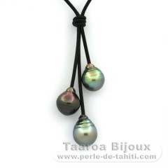 Collier en Cuir et 3 Perles de Tahiti Cerclées B 10.1 à 10.7 mm