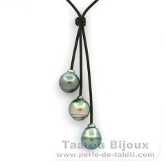 Collier en Cuir et 3 Perles de Tahiti Cerclées BC 11.3 à 11.8 mm