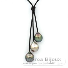 Collier en Cuir et 3 Perles de Tahiti Cercles C 11.5  11.9 mm