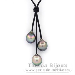 Collier en Cuir et 3 Perles de Tahiti Cerclées B/C 10.2 à 10.6 mm