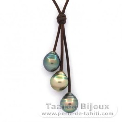 Collier en Cuir et 3 Perles de Tahiti Cerclées C 11 à 11.6 mm