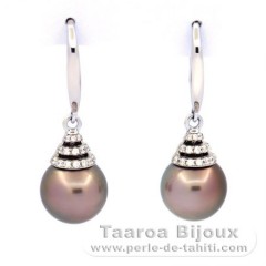 Boucles d'Oreilles en Argent et 2 Perles de Tahiti Rondes B/C 9.8 mm