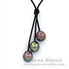 Collier en Cuir et 3 Perles de Tahiti Semi-Baroques B/C de 10.1 à 10.3 mm