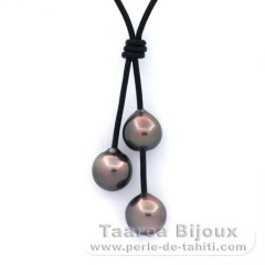Collier en Cuir et 3 Perles de Tahiti Semi-Baroques BC de 10 à 10.4 mm