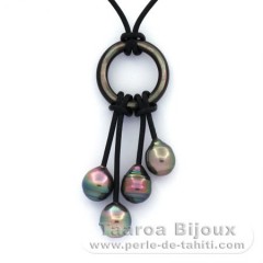 Collier en Cuir et 4 Perles de Tahiti Cerclées B/C 8.4 à 8.9 mm