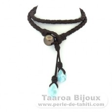 Bracelet en Cuir, 2 Larimar et 1 Perle de Tahiti Ronde C 9.7 mm